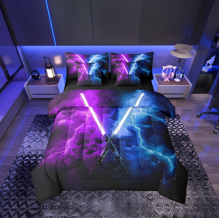 Erosebridal Futuristic Lightsaber Comforter Sets Twin Size, Galaxy Comforters &amp; Duvets, Neon Lightning Decor, Reversible 7 Pieces