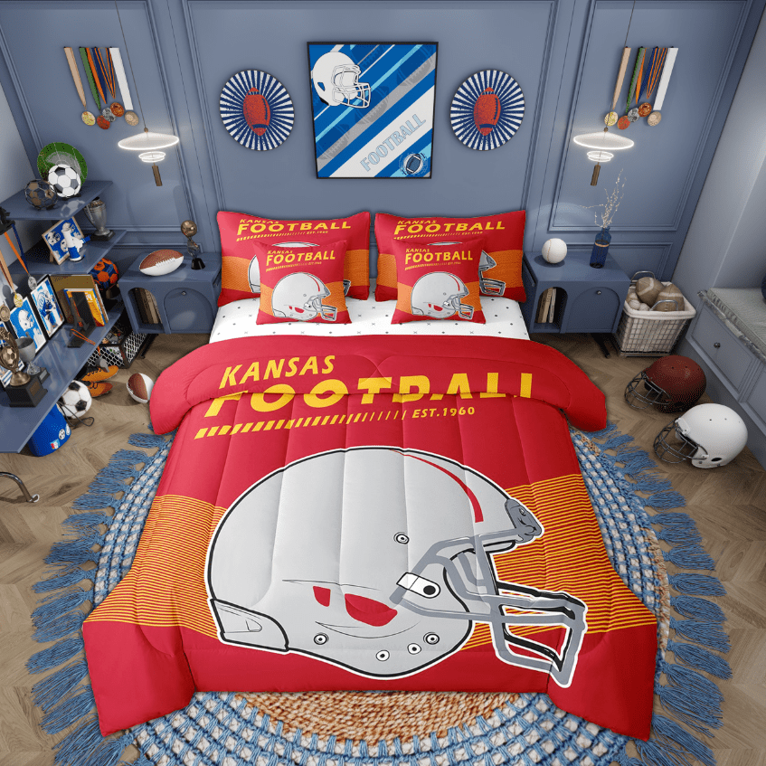 Erosebridal 7-Piece Twin Size American Football City Comforter Set Bed in a Bag Football Sports Comforter Sets with Sheets, Pillowcases and Throw Pillow Covers, Kansas