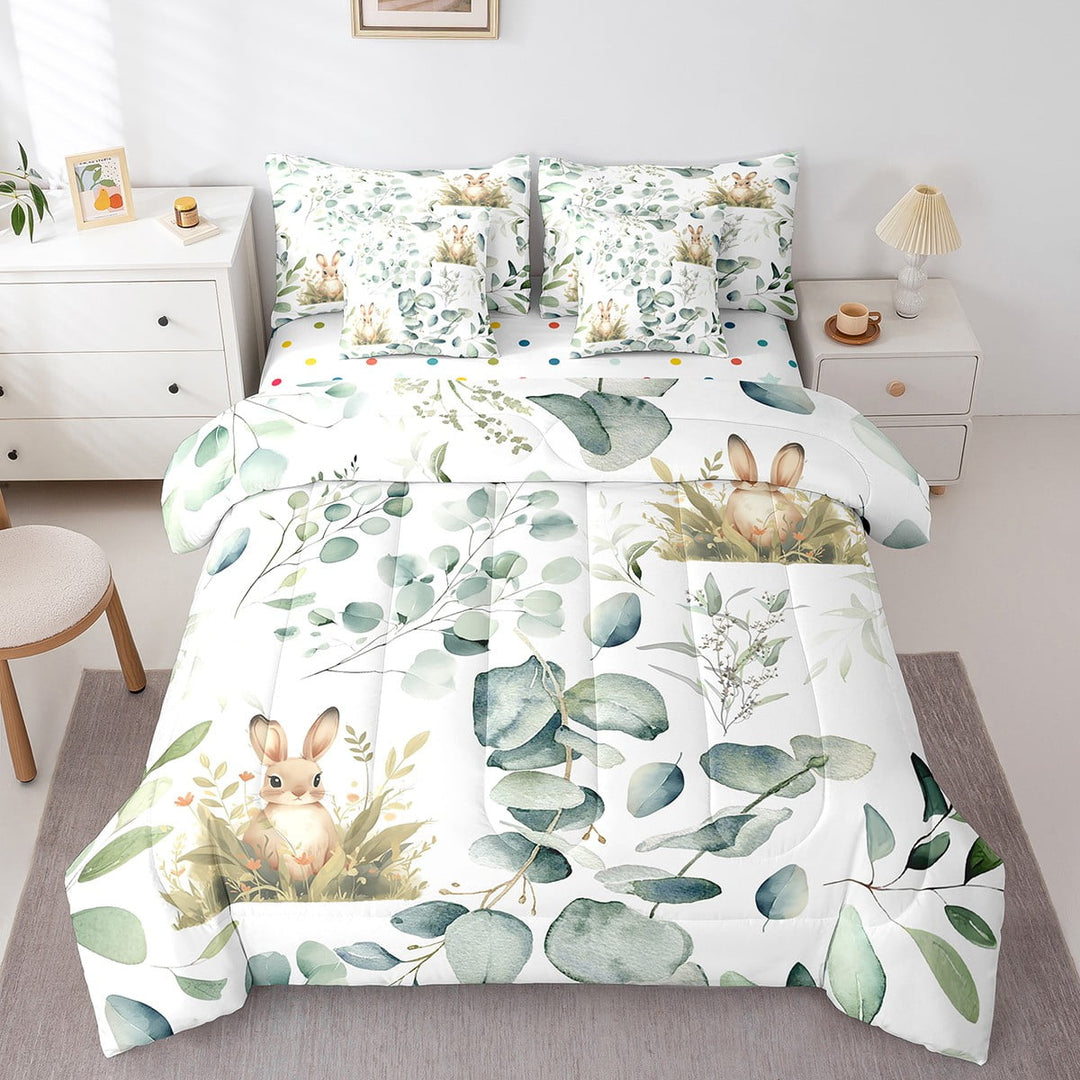Erosebridal 7-Piece Kawaii Animal Bedding Twin Cute Rabbit Comforter Set, Cartoon Wildlife Bedding Comforter Sets Green Leaf Bed in a Bag, Spring Garden Bedding Accessories Bedroom Decor