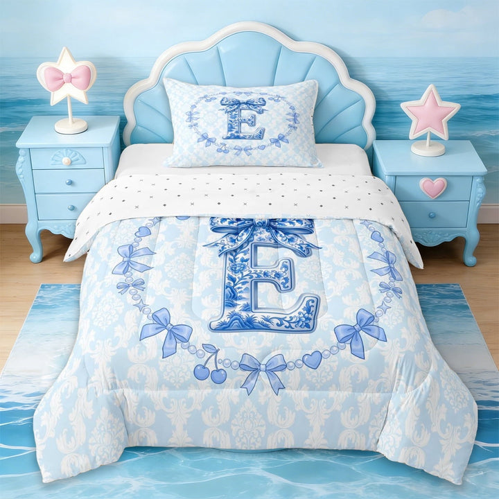 Erosebridal Vintage Initial Letter E Twin Comforter Sets,Kawaii Bowtie Cute Bows Bedding Set For Girls Kids,Reversible,2 Pieces