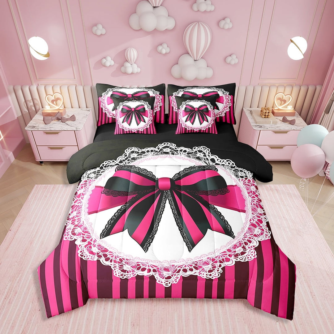 Erosebridal Striped Bowknot Bedding Twin Size, Pink Black Bedding Sets Twin Size, Lace Room Decor, Reversible 7 Pieces