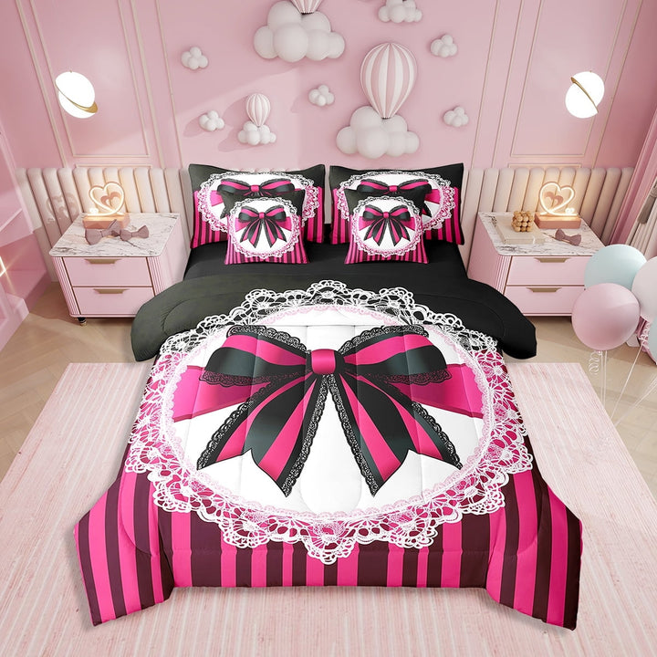 Erosebridal Striped Bowknot Bedding Twin Size, Pink Black Bedding Sets Twin Size, Lace Room Decor, Reversible 7 Pieces