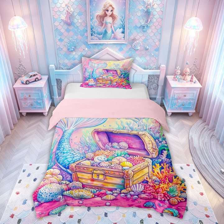 meiyoeat Rainbow Mermaid Treasure Bedding for Kids Boys Girls, Ocean Princess Duvet Cover Full, Pink Blue, Pink Reversible, 3 Pieces, 1 Duvet Cover and 2 Pillowcases