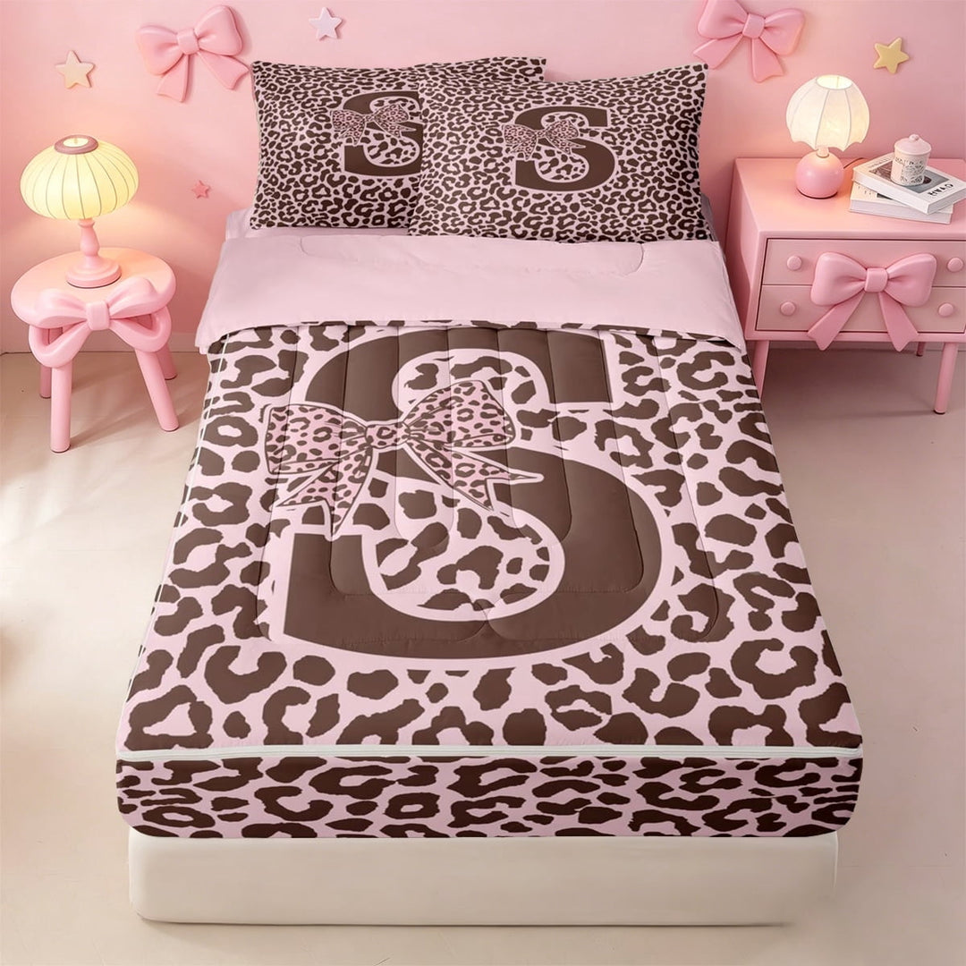 meiyoeat Pink Leopard Monogram S Zipper Twin Comforter Sets with Fitted Sheet and 2 Pillowcases,Princess Bow Print Initial Aesthetic Zipper Bedding Set,Pink Reversible,4 Pieces