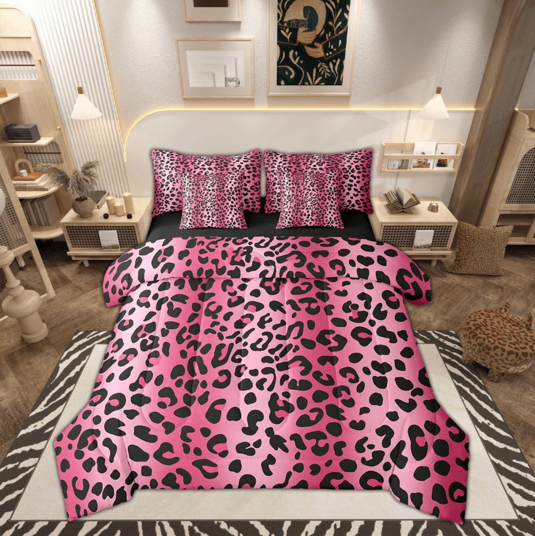 Erosebridal Pink Animal Print Bed in a Bag Twin size Women, Leopard Cheetah Comforter Sets with Sheets, Reversible 7pcs