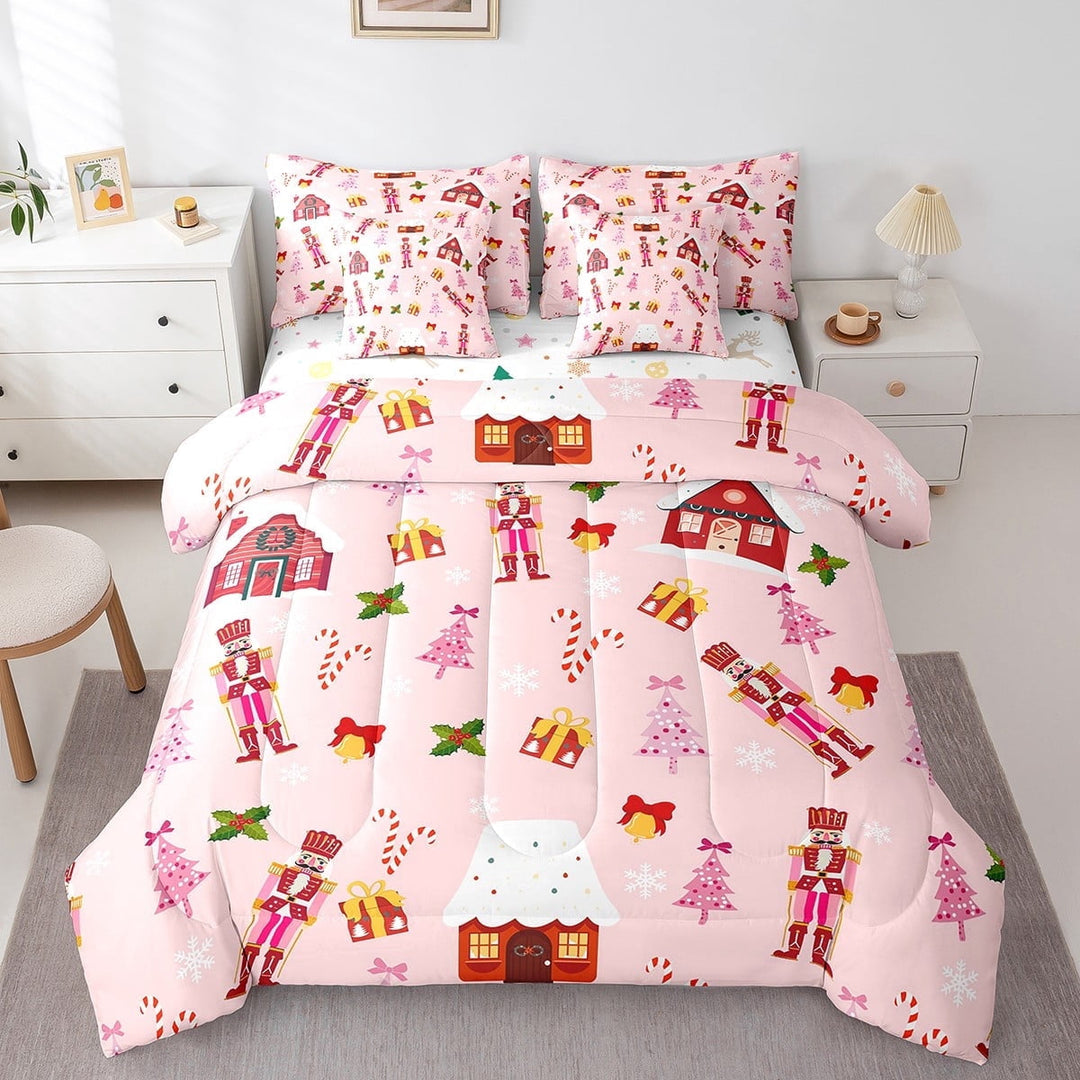7Pcs Girly Pink Christmas Bedding Twin Size Xmas Nutcracker Comforter Set Christmas Nutcracker Bed In A Bag With Flat Sheet And Fitted Sheet Xmas Tree Bed Set With Pillowcases &amp; Throw Pillow Covers