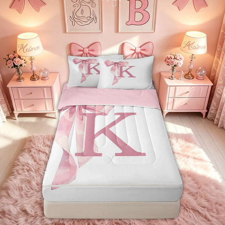 meiyoeat Pink Bow Letter K Zipper Twin Comforter Sets with Fitted Sheet and 2 Pillowcases for Girls, Dreamy Princess Style Zipper Bedding Set, Pink Reversible, 4pcs