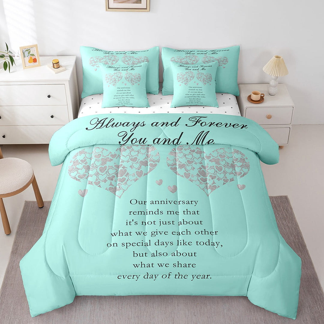 Romantic Love Heart Queen Size Comforter Set,Anniversary Gift 7 Pieces Queen Bedding Set with Comforter, Sheets, Pillowcases &amp; Shams,Vintage Artistic Fonts All Season Bed in a Bag Queen