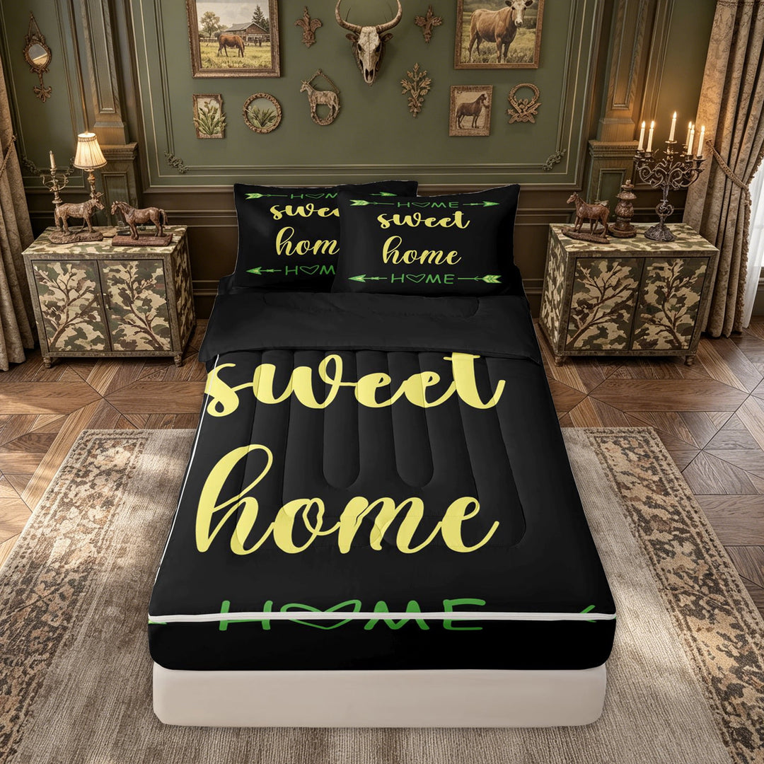 meiyoeat Rustic Home Sweet Zipper Comforter Set with Fitted Sheet and 2 Pillowcases for Adults Men Women, Arrow Quote Zipper Bedding Set, Black, Black Reversible, 3 Pieces