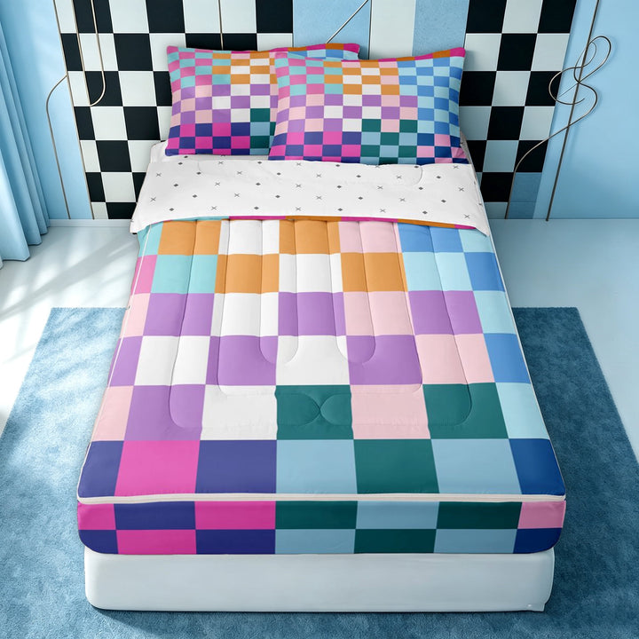 Erosebridal Checkered Grid Zipper Twin Comforter Sets with Fitted Sheet and 2 Pillowcases for Girls, Blue Purple Block Print Zipper Bedding Set, Reversible, 4-Piece