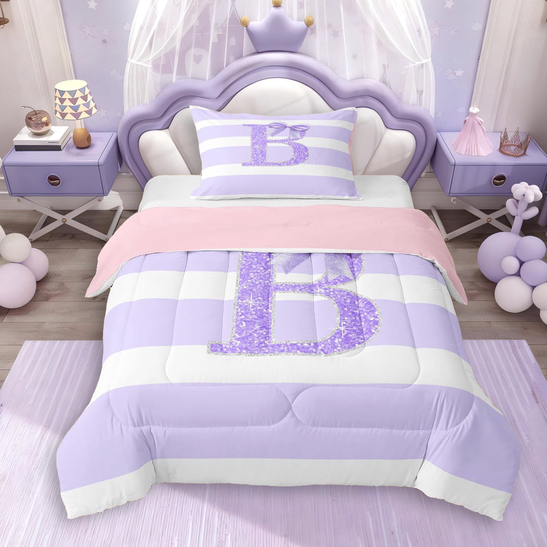 Erosebridal Girls Purple Bow Letter Monogrammed B Twin Comforter Sets 3-Piece,Bling Glitter Print Geometric Stripes Bedding Set For Children Teens,Pink Reversible