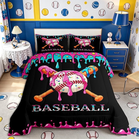 Meiyoeat Sport Baseball Full Size Comforter Sets 3-Piece,Ice Cream Drip Bedding Comforter Set,Pink Blue Black,Reversible,1 Comforter and 2 Pillowcases,1 Comforter and 2 Pillowcases