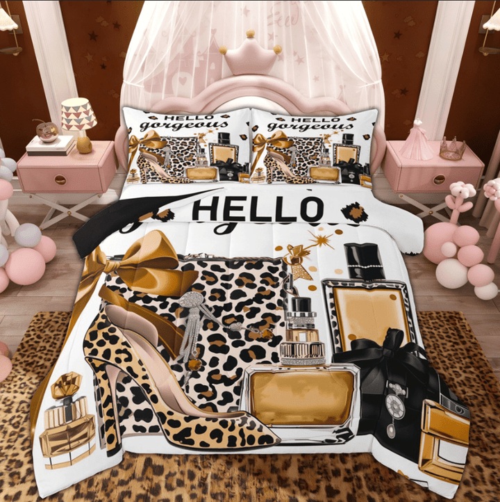 Manfei Modern Fashion Girl Full Size Comforter Sets for Girls Women, Leopard Print High Heel Bedding Comforter Set, Black Reversibles, 3pcs