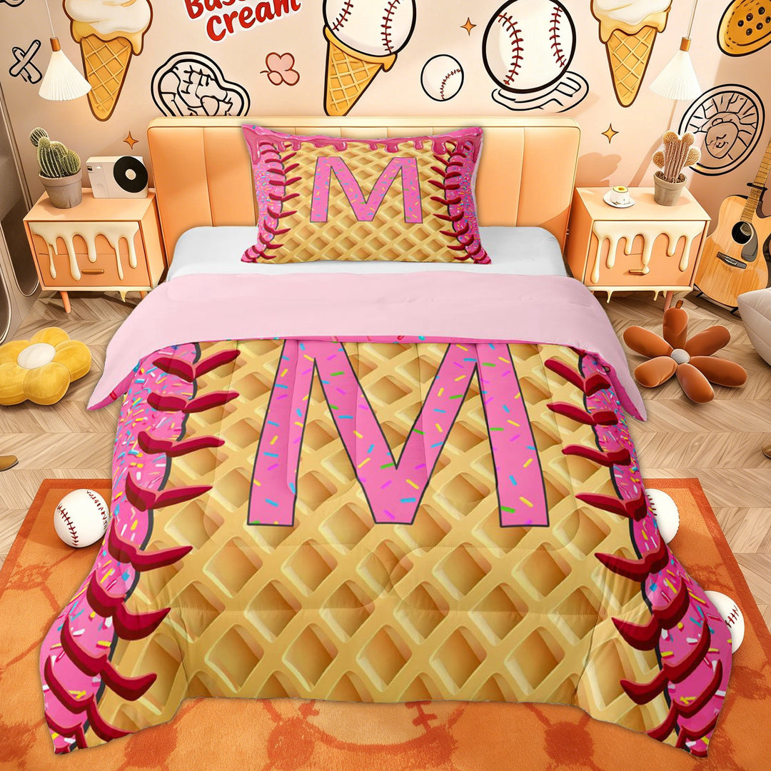 Erosebridal Baseball Ice Cream M Letter Twin Comforter Sets, Pink Cake Initial Bedding Set, 2 Pieces