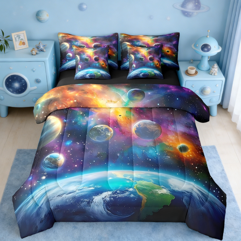 Manfei Universe Galaxy 7 Pieces Bedding Comforter Set,Kids Planets Earth Solar System Full Bedding Set Outer Space Duvet Set Reversible