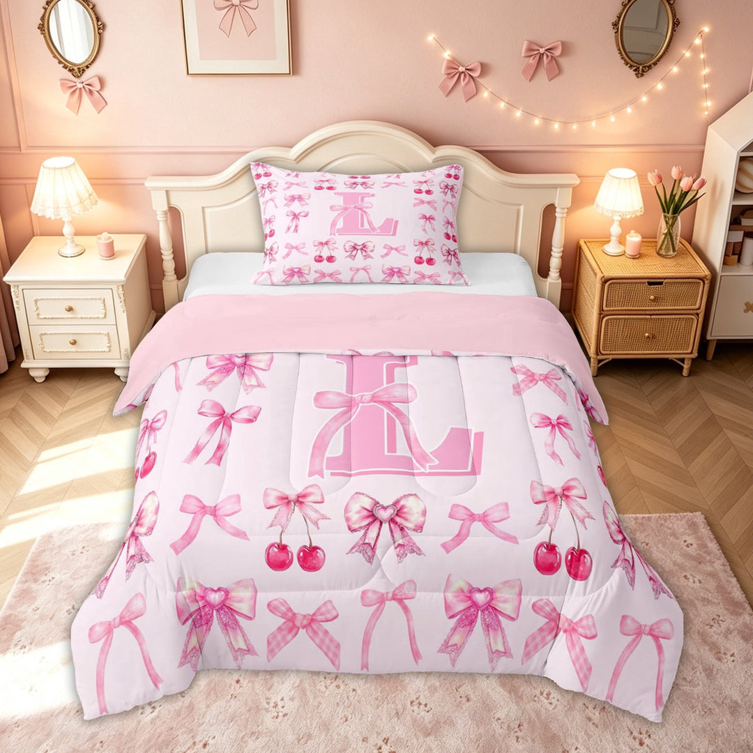 meiyoeat Cute Bow Letter L Full Size Comforter Sets for Kids, Bowknot Cherry Bedding Comforter Set for Kids, Pink, Pink Reversible, 3-Piece, 1 Comforter and 2 Pillowcases