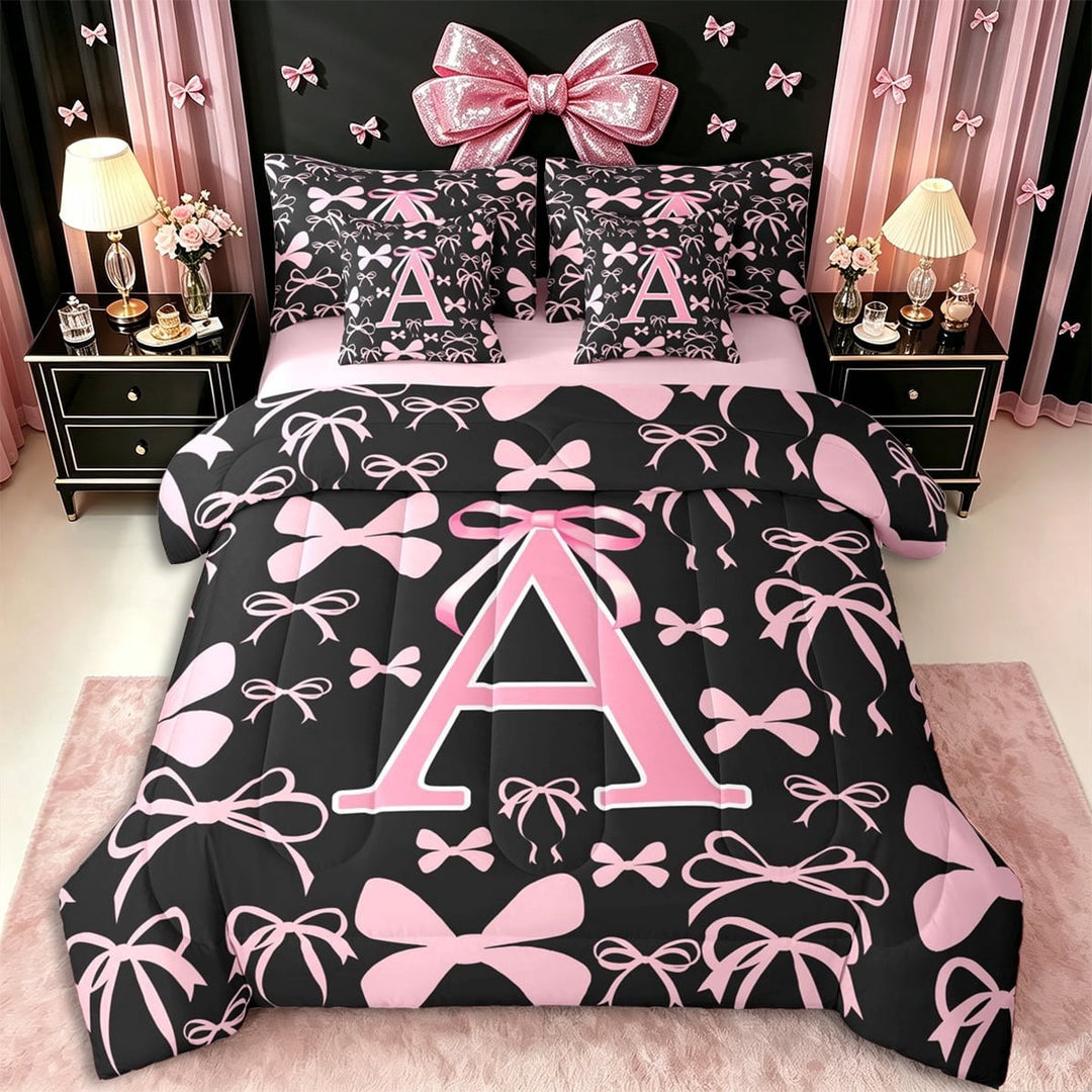 Erosebridal Letter Monogrammed A Twin Bedding Sets 7-Piece,Kawaii Ribbon Bow Bedding Comforter Set,Pink Reversible,Breathable Home Decor