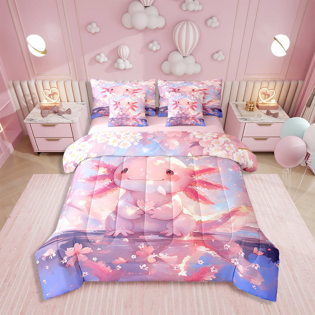 Erosebridal Cute Axolotl Comforter Set Twin 7 Pcs Cherry Blossoms Salamander Kawaii Ocean Sealife Bedding Set Reptile Animal Bed in a Bag with Comforter,Sheets