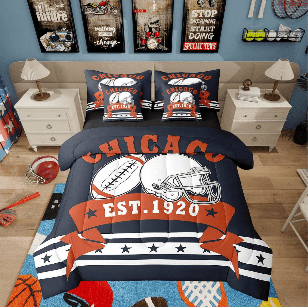 3D Rugby Ball Game Comforter Set Full, American Football City Bedding Sets (Comforter+Fitted+Flat Sheet+2 Pillowcases+2 Throw Pillow Covers) 7 Pieces Bed Set,Orange Navy (Chicago)