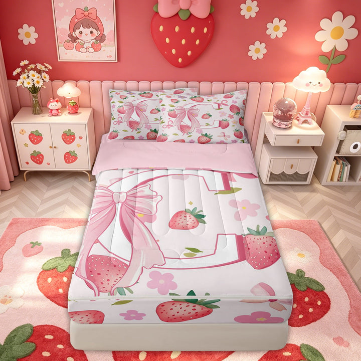 meiyoeat Strawberry Letter C Zipper Comforter Set with Fitted Sheet and 2 Pillowcases for Girls, Cute Bowknot Floral Zipper Bedding Set, Pink, Pink Reversible, 3-Piece