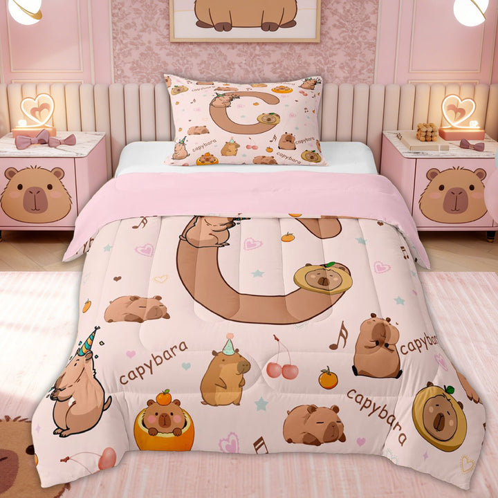 Erosebridal Capybara Animals for Kids Twin Comforter Sets, Cartoon C Letter Bedding Set, 2pcs, Pink Reversible
