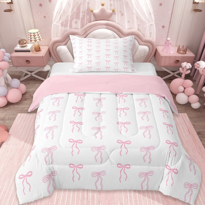 Erosebridal Pink Dreamy Princess Style Twin Comforter Sets,Cute Bow Tie Bedding Set For Bowknot Lovers, Reversible 2pcs