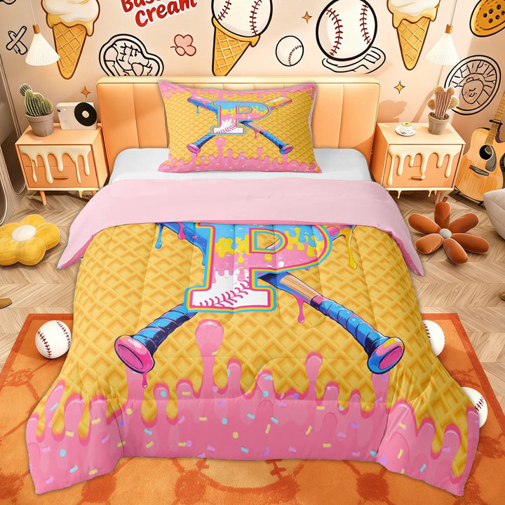 Erosebridal Girls Ice Cream Baseball Twin Comforter Sets, Cartoon Pink P Letter Bedding Set, 2pcs