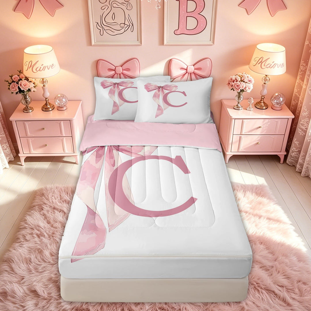 meiyoeat Pink Watercolor Bow Letter C Zipper Twin Comforter Sets with Fitted Sheet and 2 Pillowcases for Girls, Cute Princess Monogram Zipper Bedding Set, Pink Reversible, 4-Piece