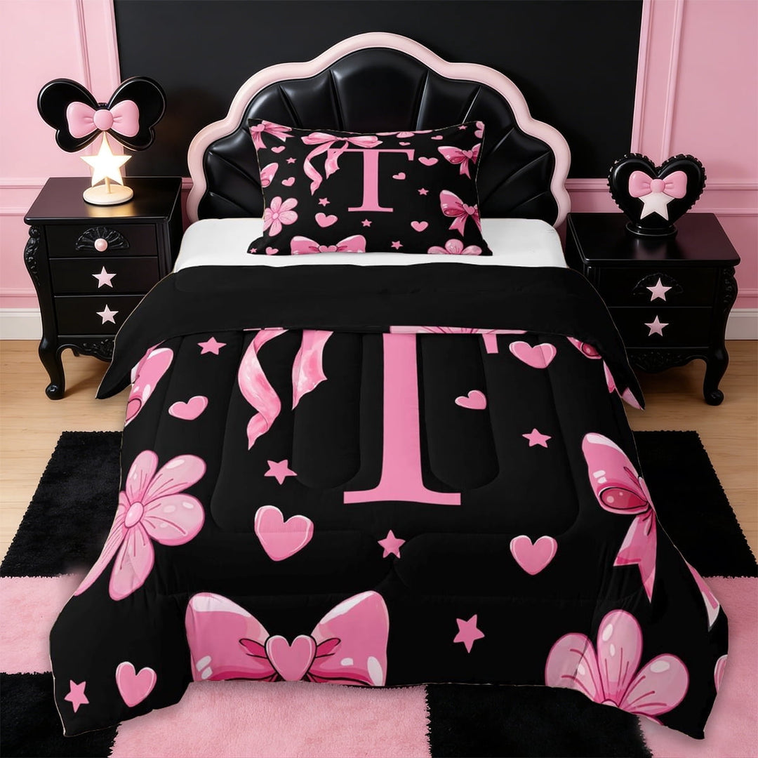 Erosebridal Girls Cute Bowknot Twin Comforter Sets,Pink Loves T Alphabet Bedding Set For Kids,Reversible black,2pcs