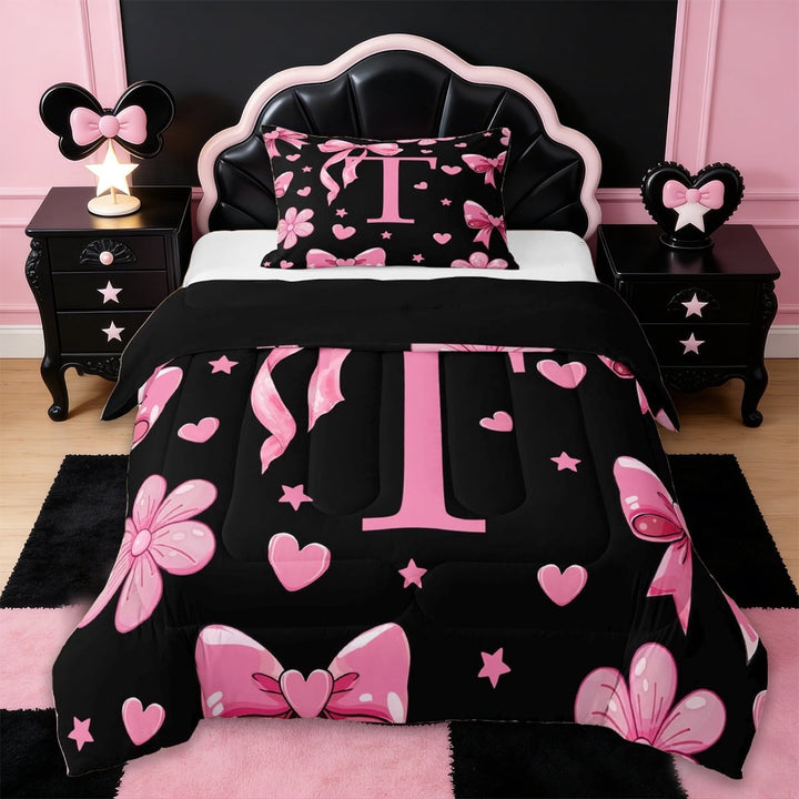 Erosebridal Girls Cute Bowknot Twin Comforter Sets,Pink Loves T Alphabet Bedding Set For Kids,Reversible black,2pcs