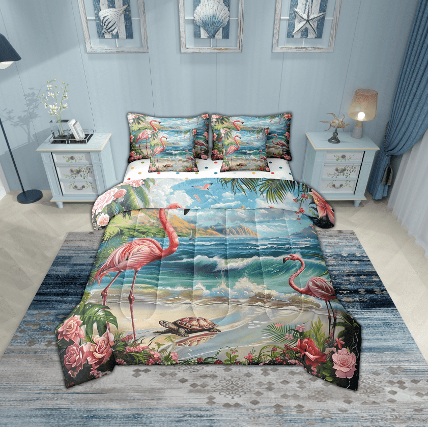 Erosebridal Pink Flamingo Bedding Sets Twin Size,Sea Turtle Comforter Sets with Sheets,Ocean Beach Room Decorative,Reversible,Breathable,7pcs