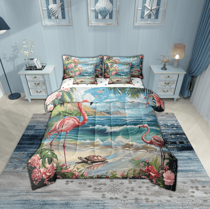 Erosebridal Pink Flamingo Bedding Sets Twin Size,Sea Turtle Comforter Sets with Sheets,Ocean Beach Room Decorative,Reversible,Breathable,7pcs