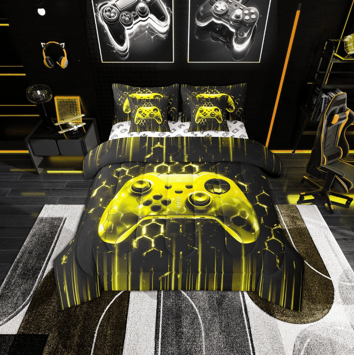 Erosebridal Gaming Gamer Bed in a Bag Twin Size, Video Game Bed Set, Neon Gradient Gamepad Bedroom Decor, Black Yellow, Reversible 7 Pieces