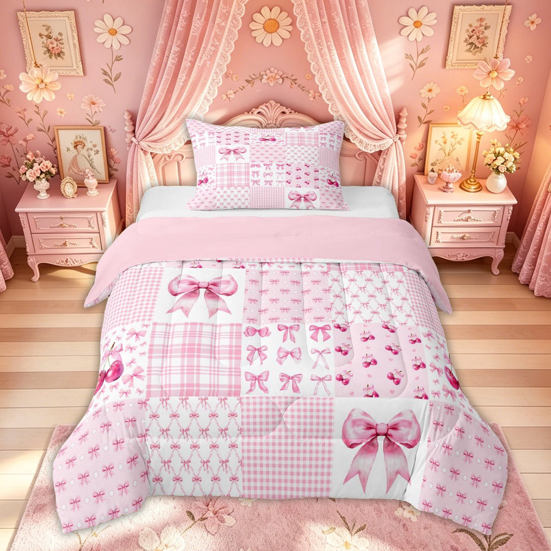 Meiyoeat Girly Cherry Bow Plaid Full Size Comforter Sets for Girls Kids Women, Pink Princess Style Bedding Sets, Pink Reversible, 3 Pieces