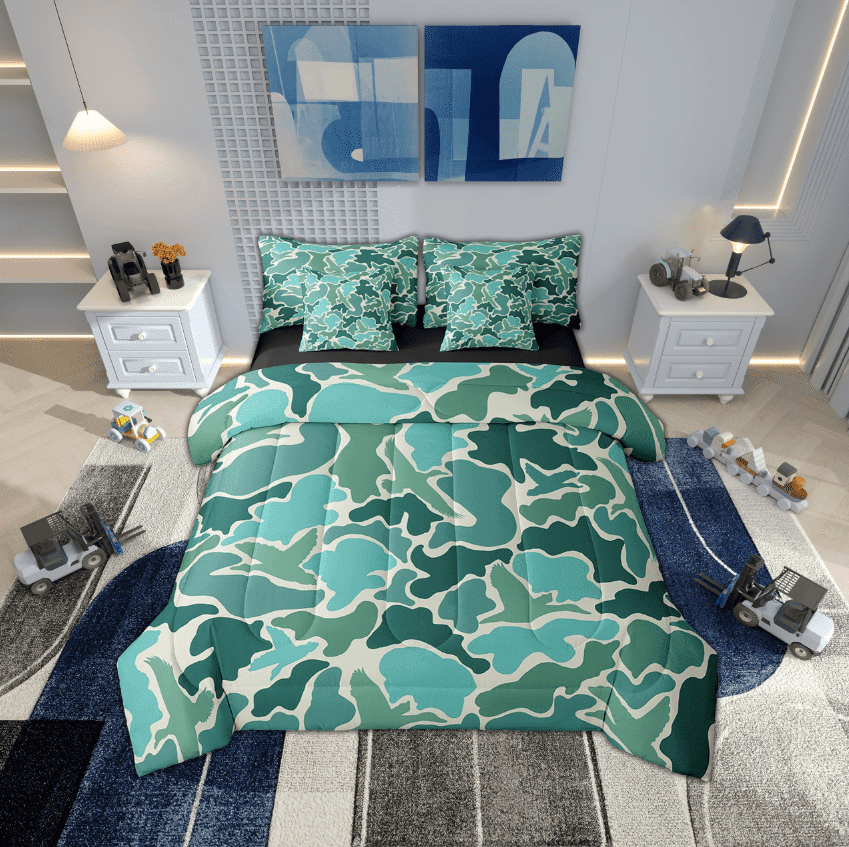Erosebridal Teal Green Camouflage Bedding Sets Twin Size, Aesthetic Abstract Artwork Comforter Sets with Sheets, Camo Bedroom Decor, Reversible 7-Piece