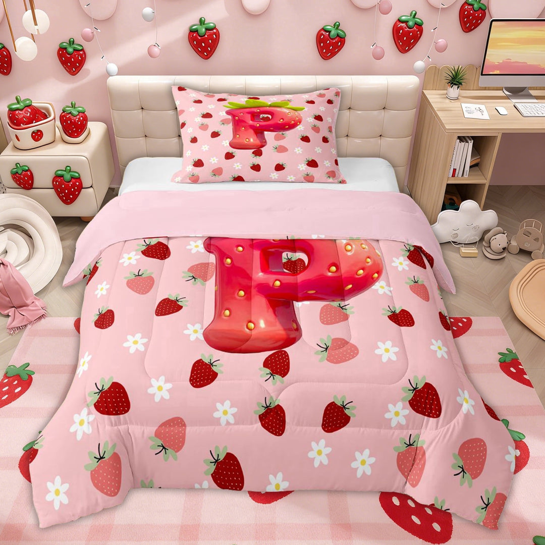 Erosebridal Pink Initial P Letter Twin Comforter Sets, Girls Princess Strawberry Bedding Set for Kids, Pink Reversible, 2pcs