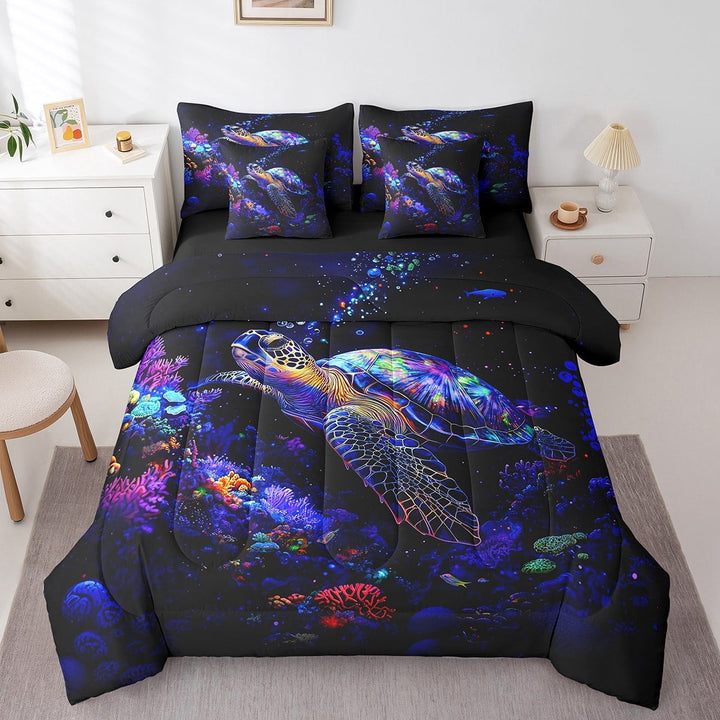 Erosebridal 3D Sea Turtle Bedding Queen Size, Underwater World Bed Set, Marine Coral Reversible Bedding Sets Queen Size, Super Cozy Bedroom Decor, 7 Pieces