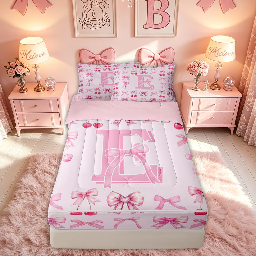 meiyoeat Cute Bow Letter E Zipper Comforter Set with Fitted Sheet and 2 Pillowcases for Girls, Bowknot Cherry Zipper Bedding Set for Bedroom, Pink, Pink Reversible, 3pcs