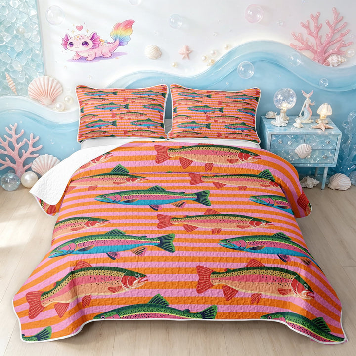 Manfei Whimsical Trout Quilt Full, Cartoon Sea Animal Full Bedspread Sets, Orange Pink, 3pcs, 1 Coverlet and 2 Pillowcases