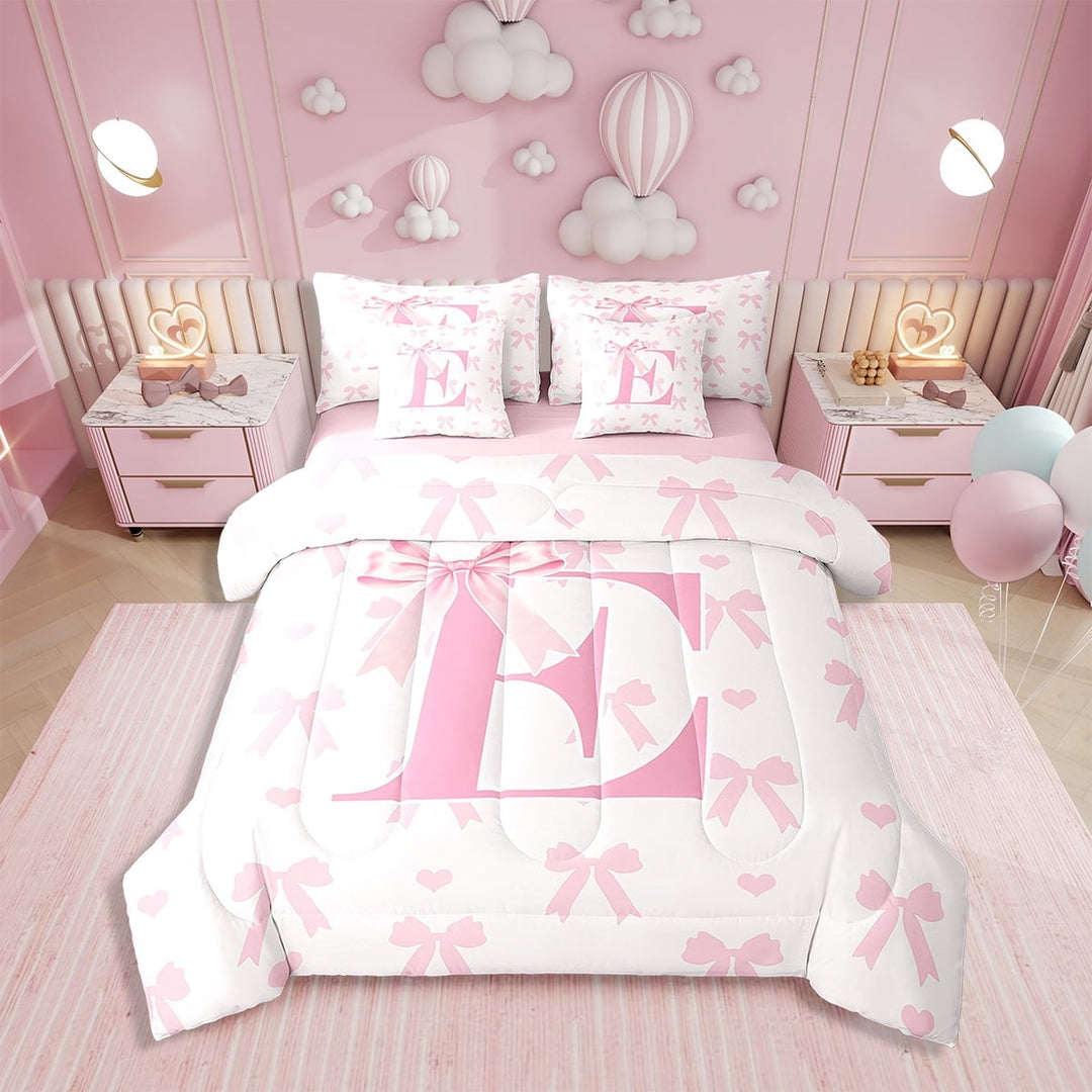 7 Pcs Pink Bow Comforter Set,Princess Style Bowknot Love Hearts Girly Fairy Bedding Set,Initial Letter E Chic Romantic Bed Set(Comforter+Fitted+Flat Sheet+Pillowcases+Pillow Covers),Queen