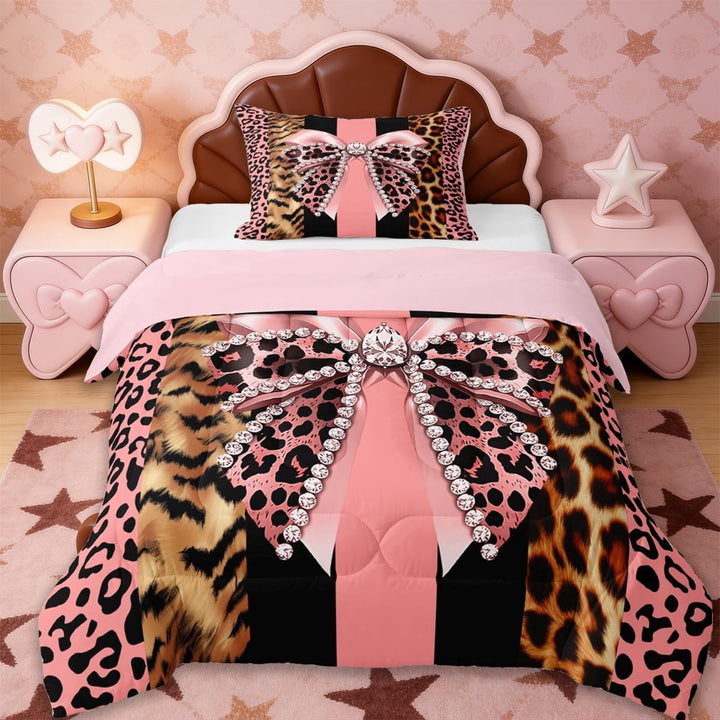 Erosebridal Pink Cheetah Bowknot Twin Comforter Sets,Africa Leopard Pattern Bedding Set For Women,Reversible pink,2 Pieces