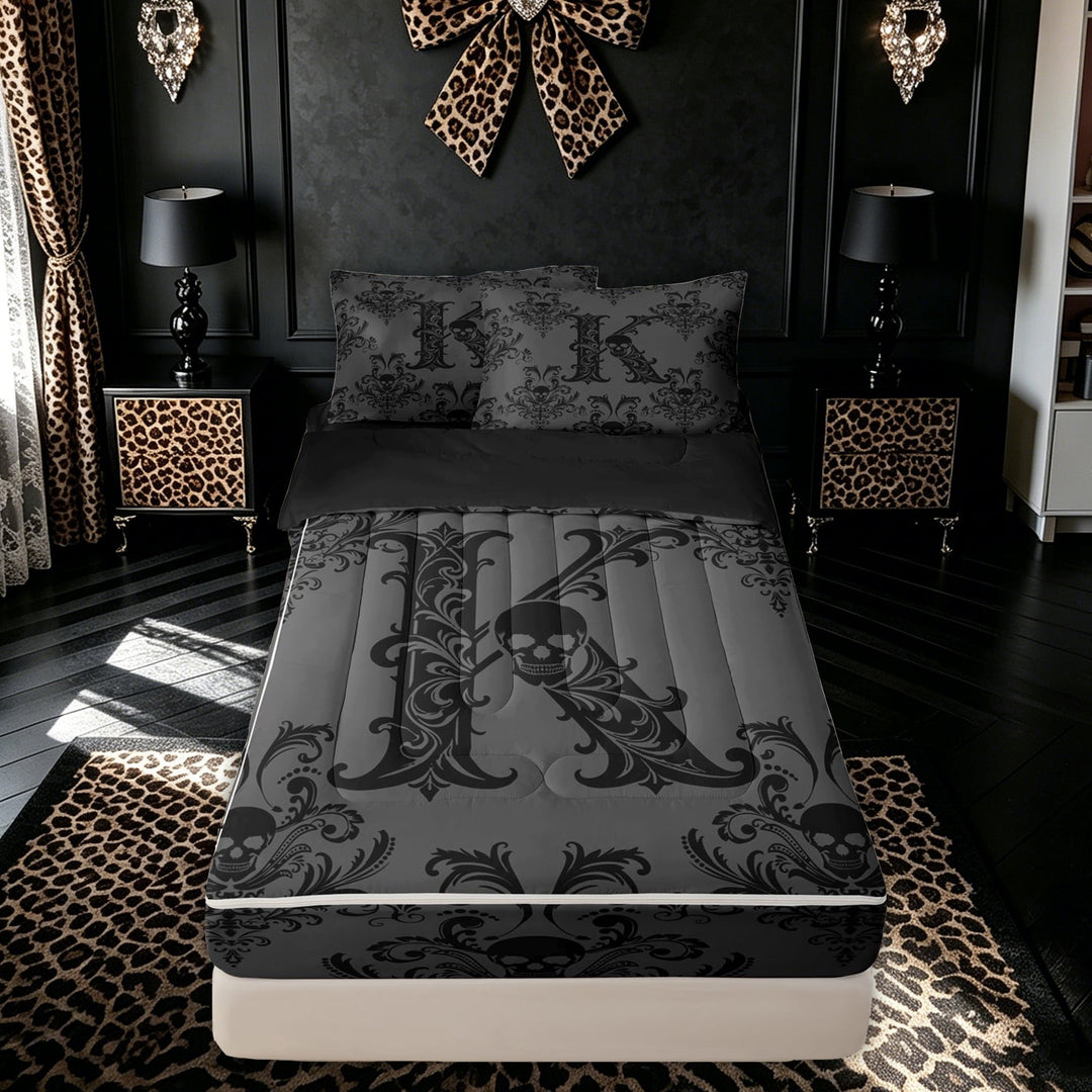 meiyoeat Gothic Skull Letter K Zipper Comforter Set with Fitted Sheet and 2 Pillowcases for Boys Girls, Boho Damask Flower Zipper Bedding Set, Black Reversible, 3pcs