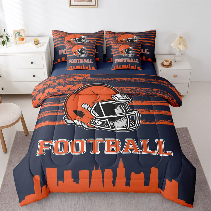 Erosebridal Helmet City Silhouette Bedding Sets Twin Size,Chicago Comforter Sets with Sheets,American Football Bed in a Bag Twin Size,Breathable Room Decorative Reversible,7-Piece