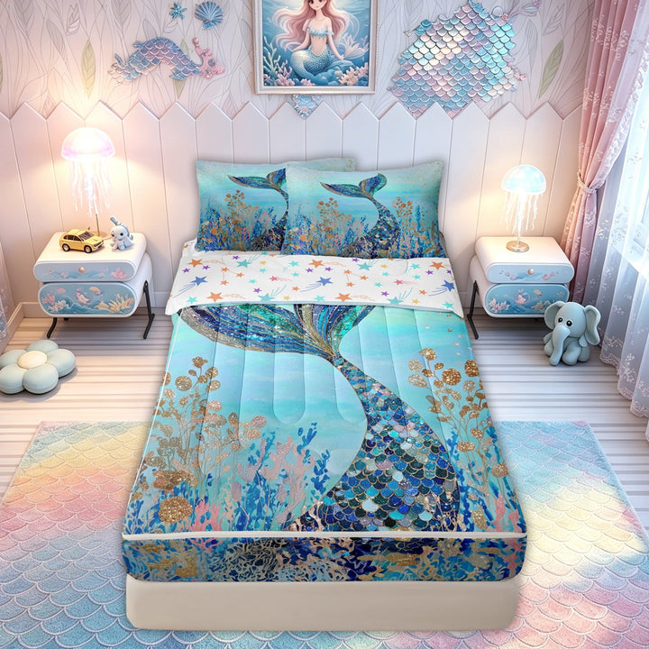 meiyoeat Sparkle Mermaid Tail Zipper Comforter Set with Fitted Sheet and 2 Pillowcases for Girls, Ocean Coral Starfish Zipper Bedding Set, Blue Teal, Colorful Star Reversible, 3-Piece