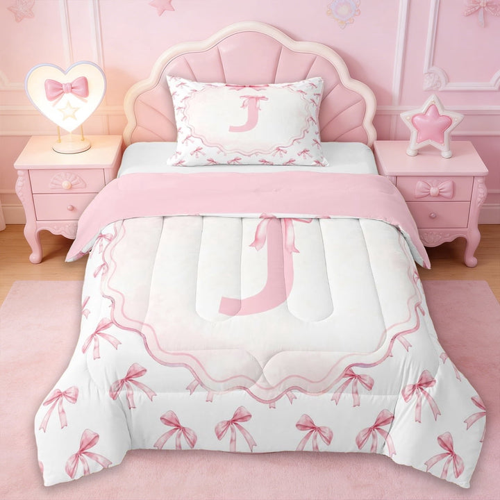Erosebridal Cartoon Bow Knot Kids Twin Comforter Sets,Pink First Letter J Bedding Set For Girly,Reversible pink,2-Piece