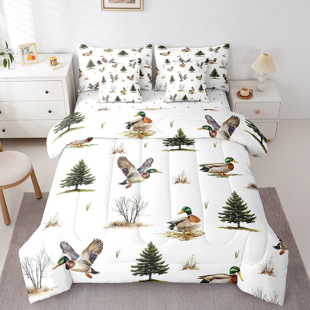 Erosebridal Wildlife Duck Bed in a Bag, Pine Tree Bed Set, Rustic Animal Reversible Comforter Sets, Breathable Room Decor, 7 Pieces