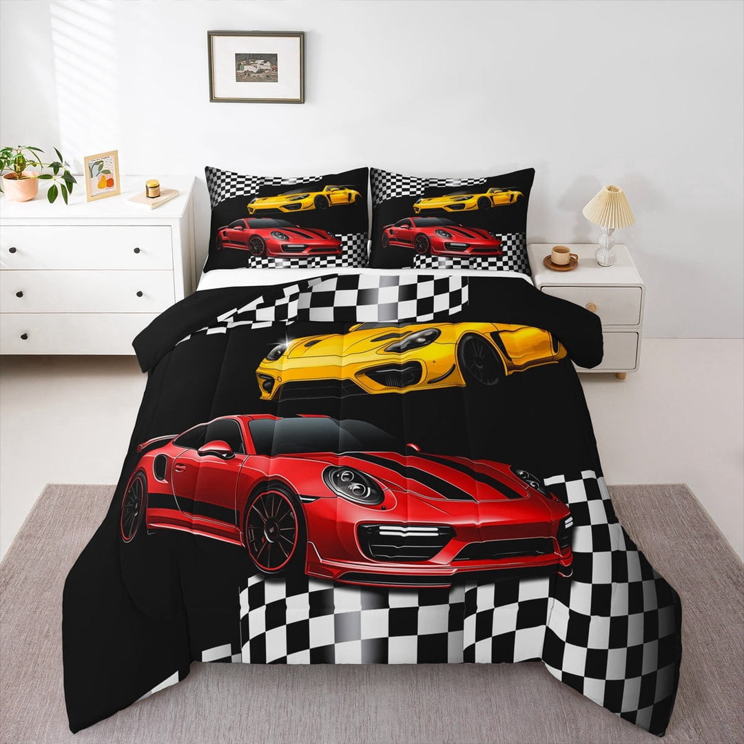 Sports Car Comforter Set Full Size,Red and Yellow Racing Car Bedding Set Teens Bedroom Decor,Black White Plaid Grid Print Quilt Set