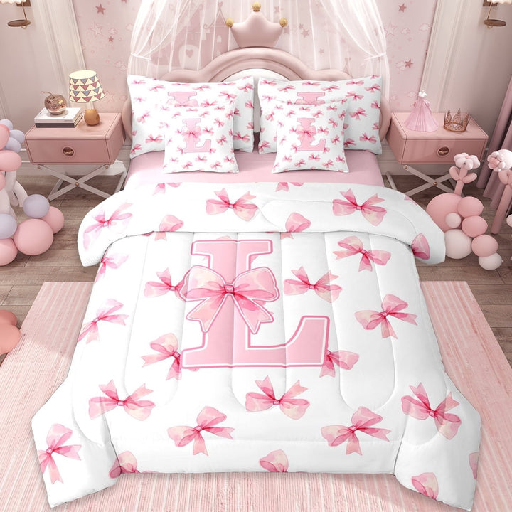 Erosebridal Initial Alphabet L 7-Piece Twin Bedding Sets,Dreamy Princess Bowknot Bedding Comforter Set For Bowtie Girls,Reversible