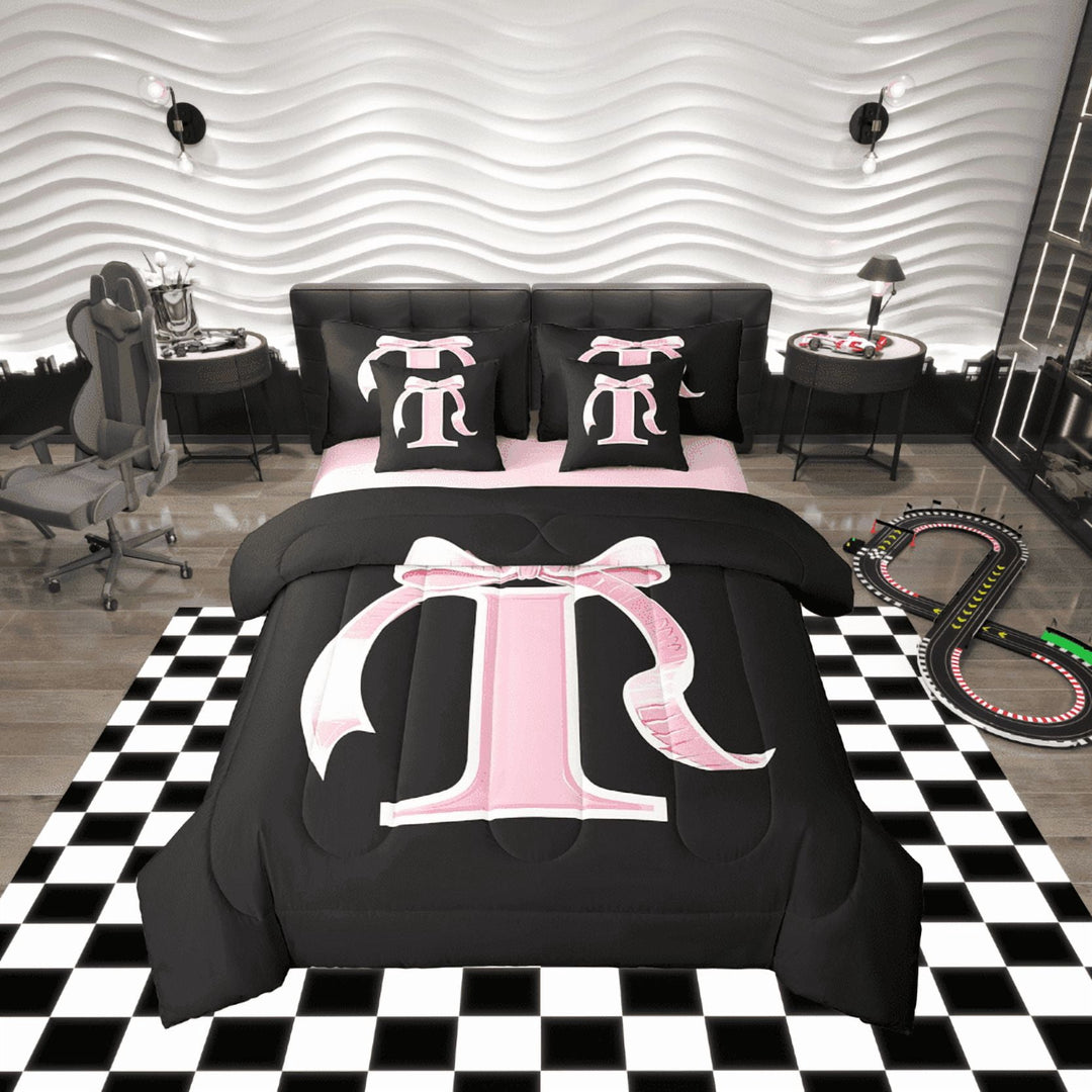 Erosebridal Kawaii Initial Letter Bedding Sets Twin Size, Monogrammed I Comforter Sets with Sheets, Ribbon Cow Reversible Bed Set, Ultra Soft Bedroom Decoration, 7 Pieces