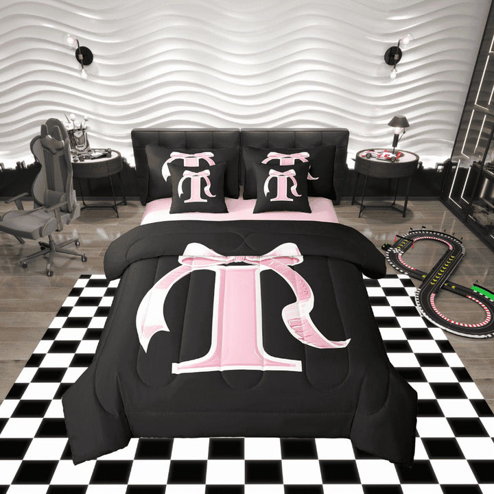 Erosebridal Kawaii Initial Letter Bedding Sets Twin Size, Monogrammed I Comforter Sets with Sheets, Ribbon Cow Reversible Bed Set, Ultra Soft Bedroom Decoration, 7 Pieces